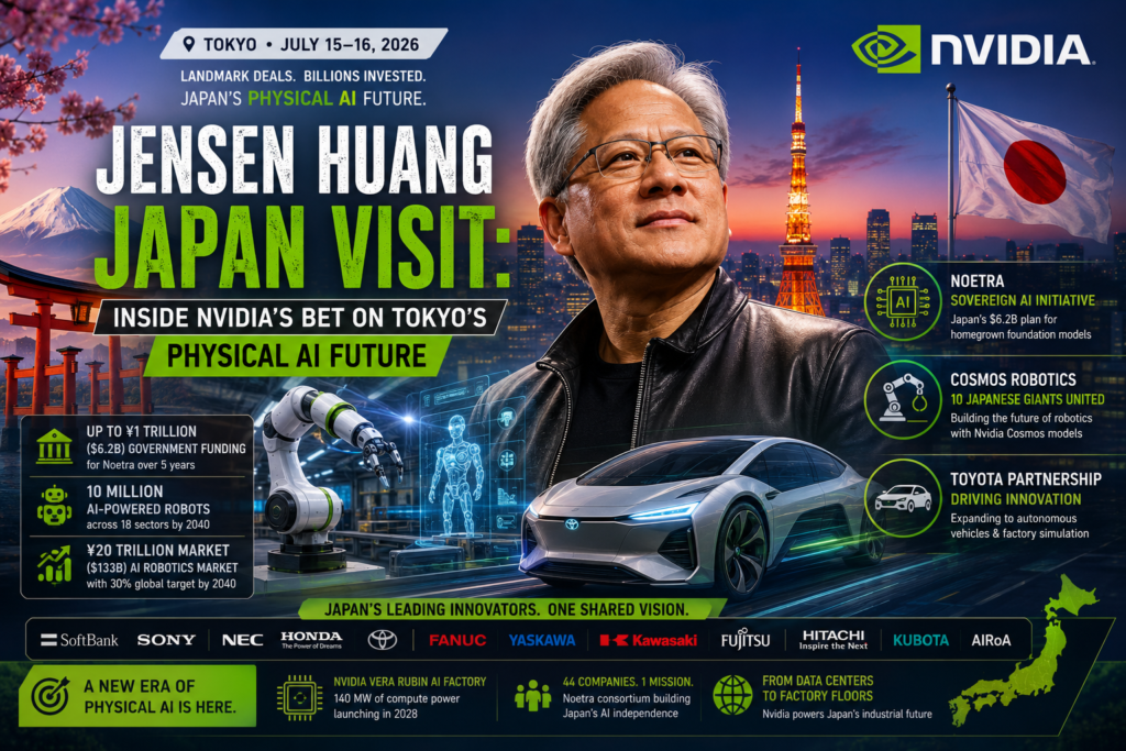Jensen Huang Japan visit highlighting Nvidia's physical AI partnerships with Toyota, SoftBank, and Japan's robotics industry.