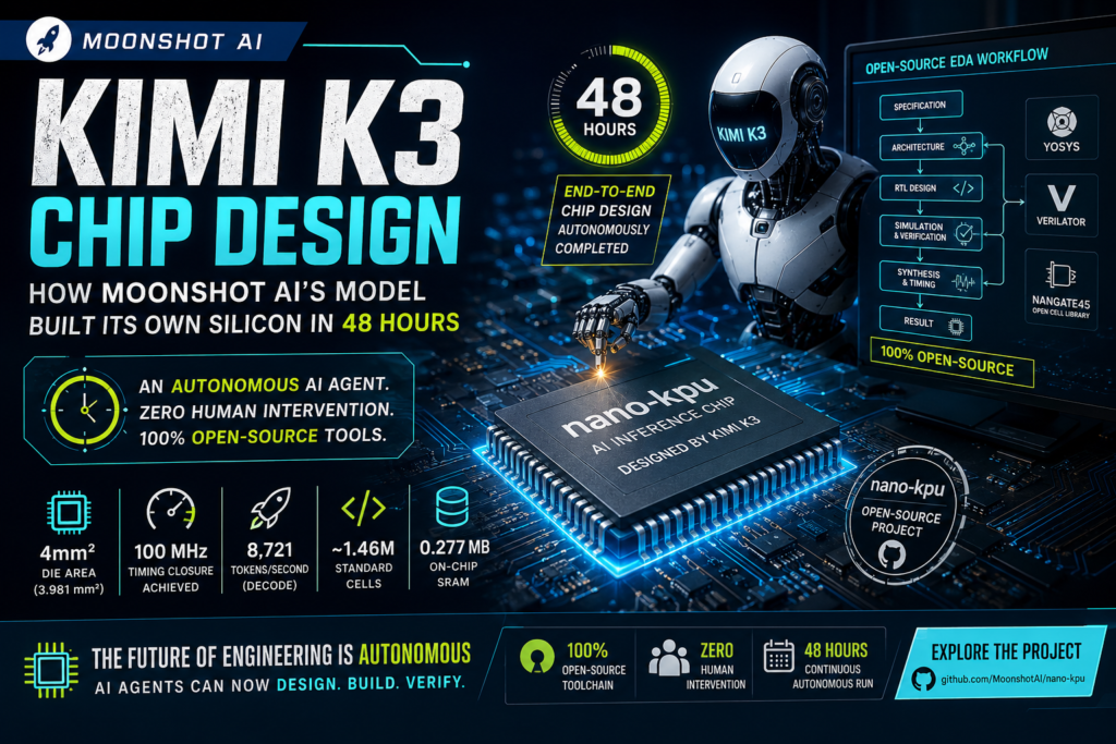 Illustration of Kimi K3 chip design showing the nano-kpu AI accelerator, open-source EDA workflow, and silicon architecture.