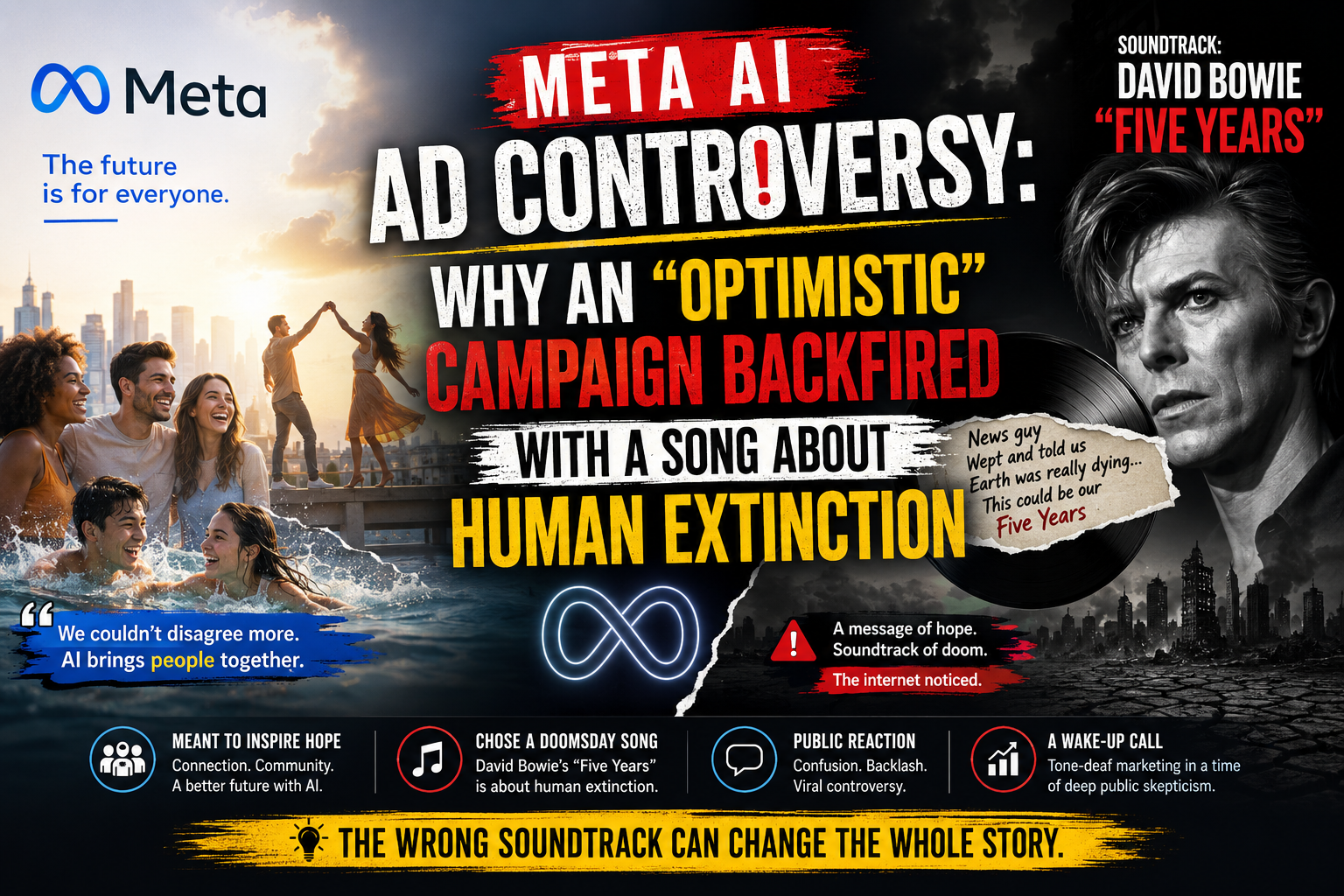Meta AI ad controversy highlighting the contrast between an optimistic AI campaign and David Bowie's "Five Years" soundtrack.