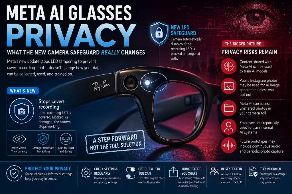 Meta AI glasses privacy update showing the new camera LED safeguard designed to prevent covert recording and improve transparency.