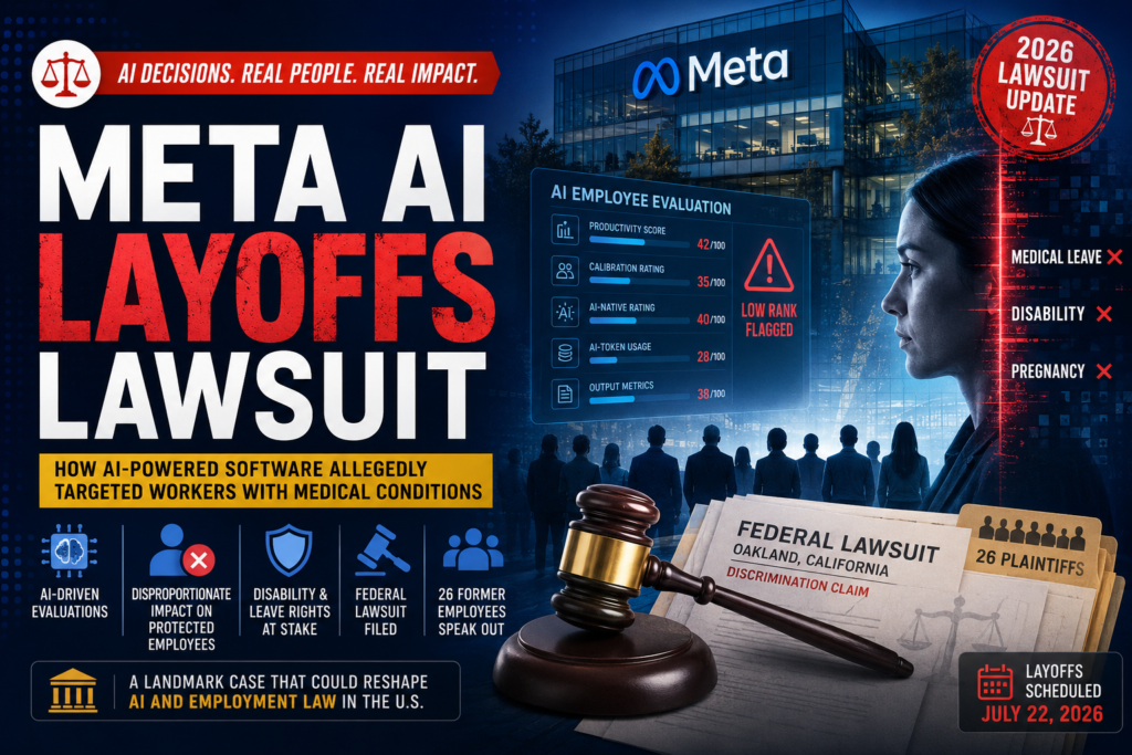 Illustration of the Meta AI layoffs lawsuit showing AI workforce evaluation, employee profiles, and legal discrimination claims.