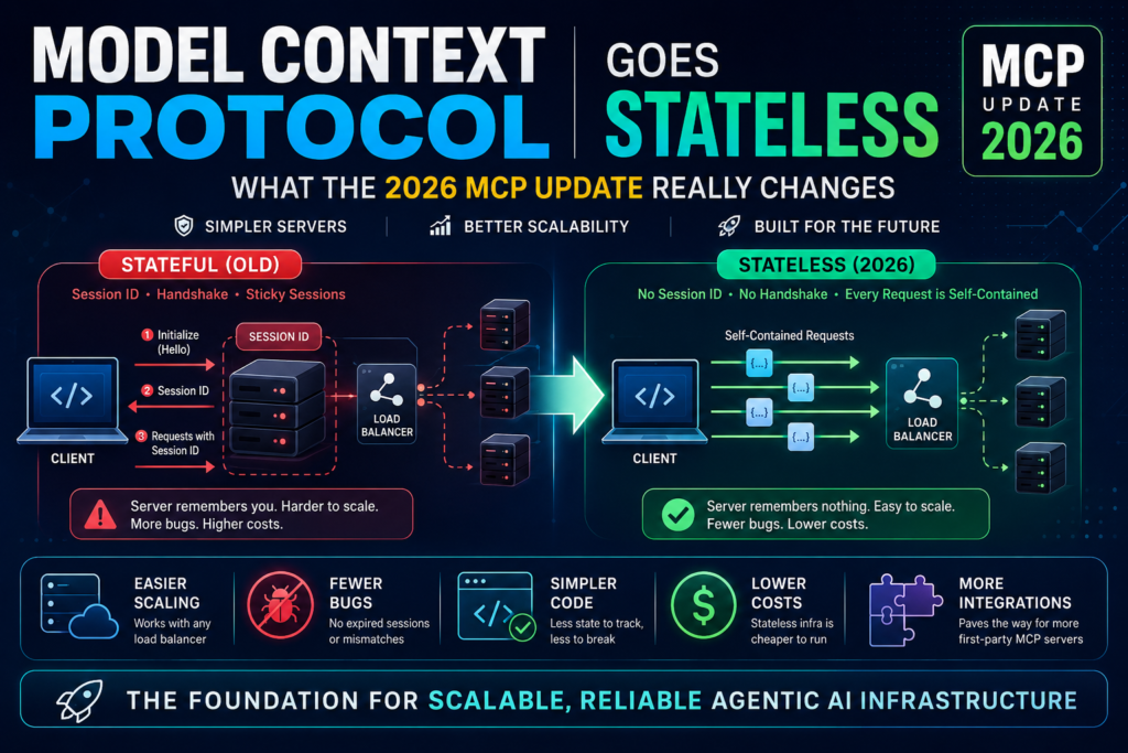 Illustration of the Model Context Protocol shifting from stateful sessions to a stateless architecture in 2026.