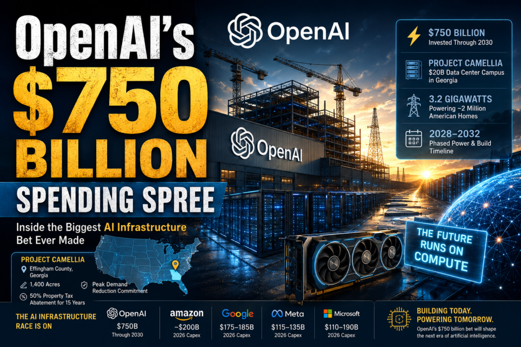 Illustration of OpenAI's $750 billion spending spree highlighting AI data centers, GPUs, and large-scale infrastructure expansion.