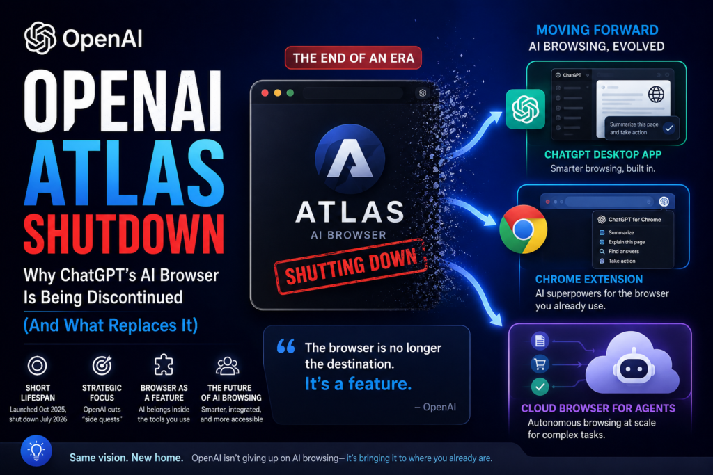 OpenAI Atlas shutdown showing AI browser features moving to the ChatGPT desktop app and Chrome extension.