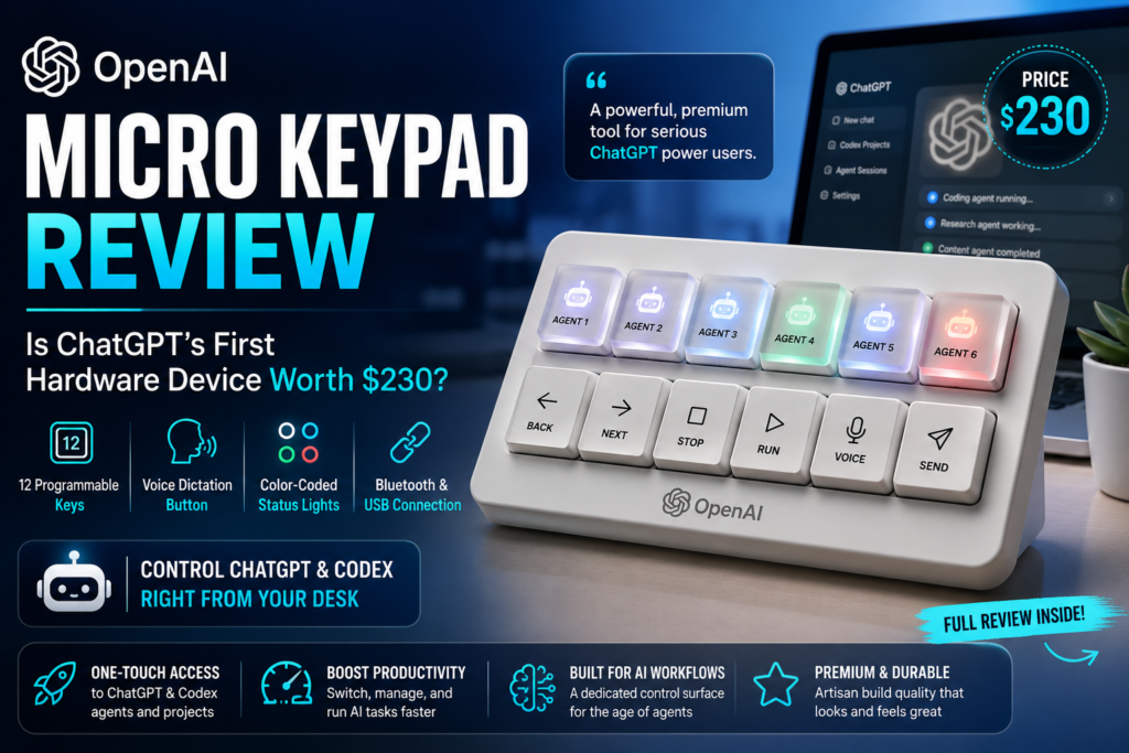 OpenAI Micro keypad review showing the ChatGPT hardware device with programmable AI shortcut keys on a desktop setup.