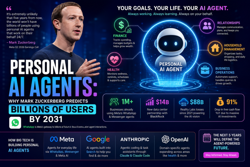 Personal AI Agents concept showing Mark Zuckerberg's vision of AI managing finance, health, relationships, and daily life.