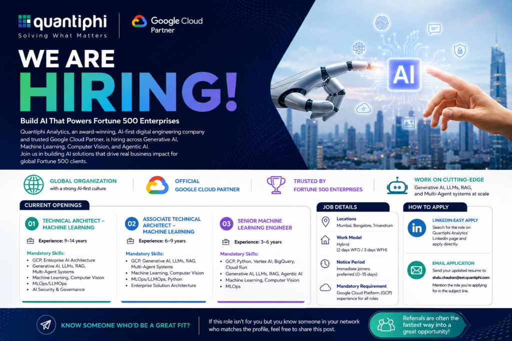 Quantiphi Analytics hiring for Generative AI, Machine Learning, and Computer Vision roles across India.