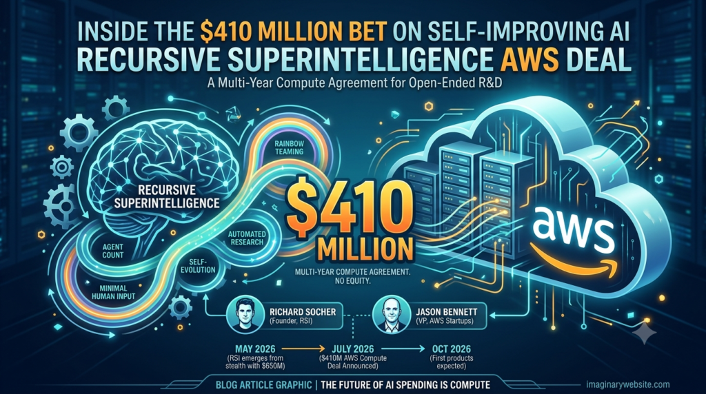Server racks inside an AWS data center powering the Recursive Superintelligence $410 million cloud compute deal.