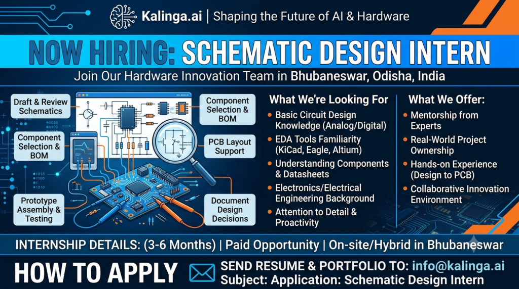 Engineering student designing PCB circuit schematics for a Schematic Design Intern role at Kalinga AI in Bhubaneswar.