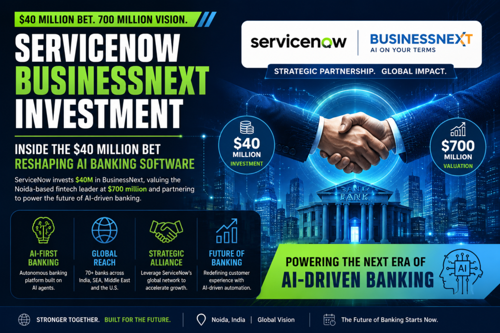 ServiceNow BusinessNext investment illustrating the $40 million AI banking partnership and enterprise software collaboration.