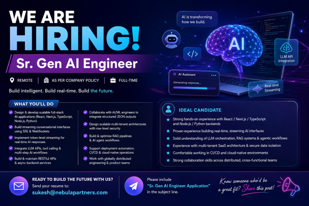 Hiring banner for Sr. Gen AI Engineer jobs featuring AI, full-stack development, LLMs, and remote career opportunities.