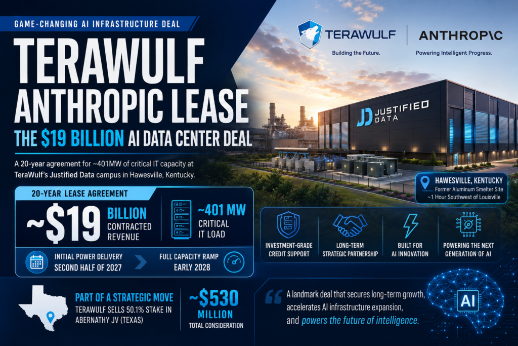 TeraWulf Anthropic lease at the Justified Data campus in Kentucky under a 20-year AI infrastructure agreement.