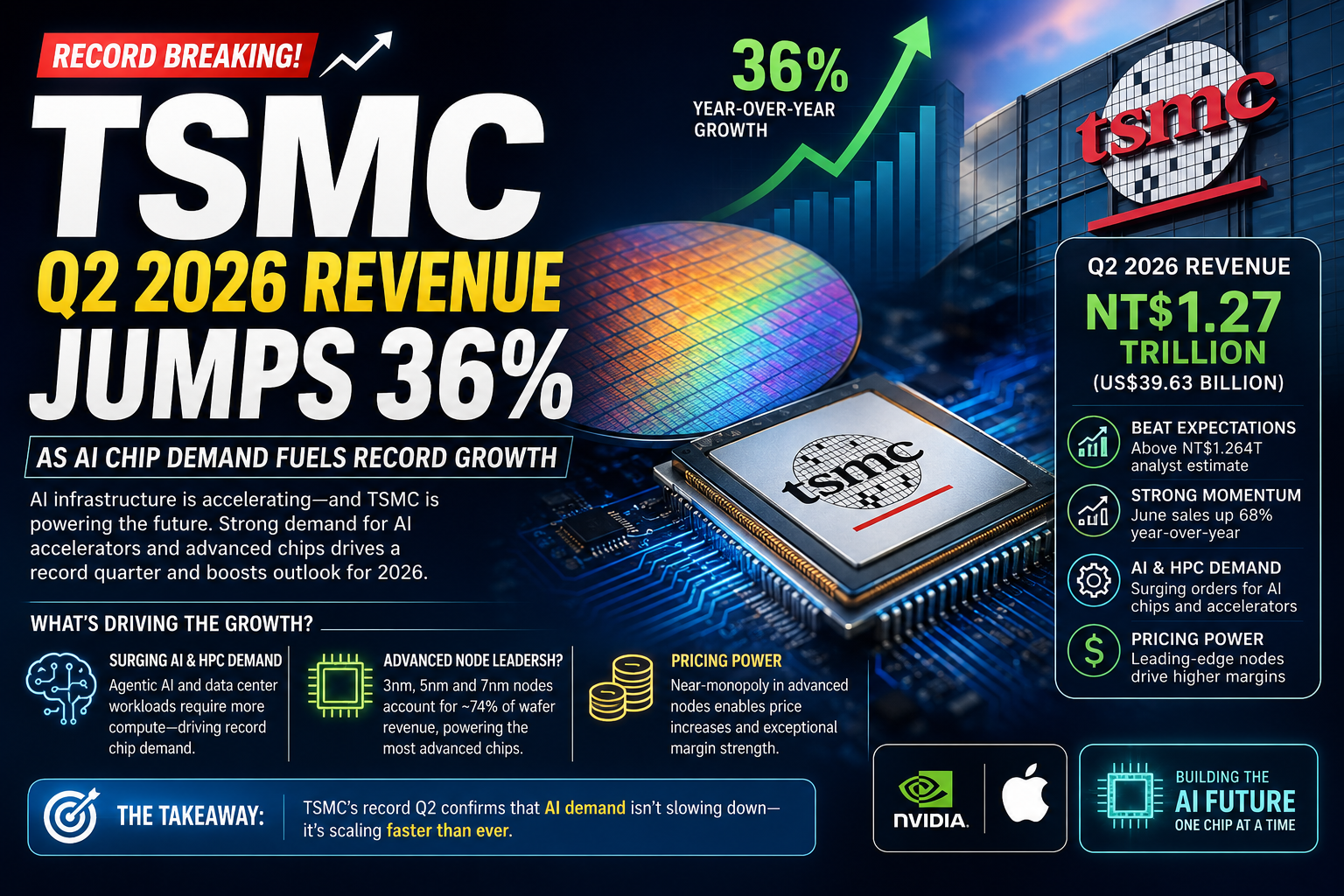 TSMC Q2 2026 revenue reaches record highs as AI chip demand drives strong growth in semiconductor manufacturing.