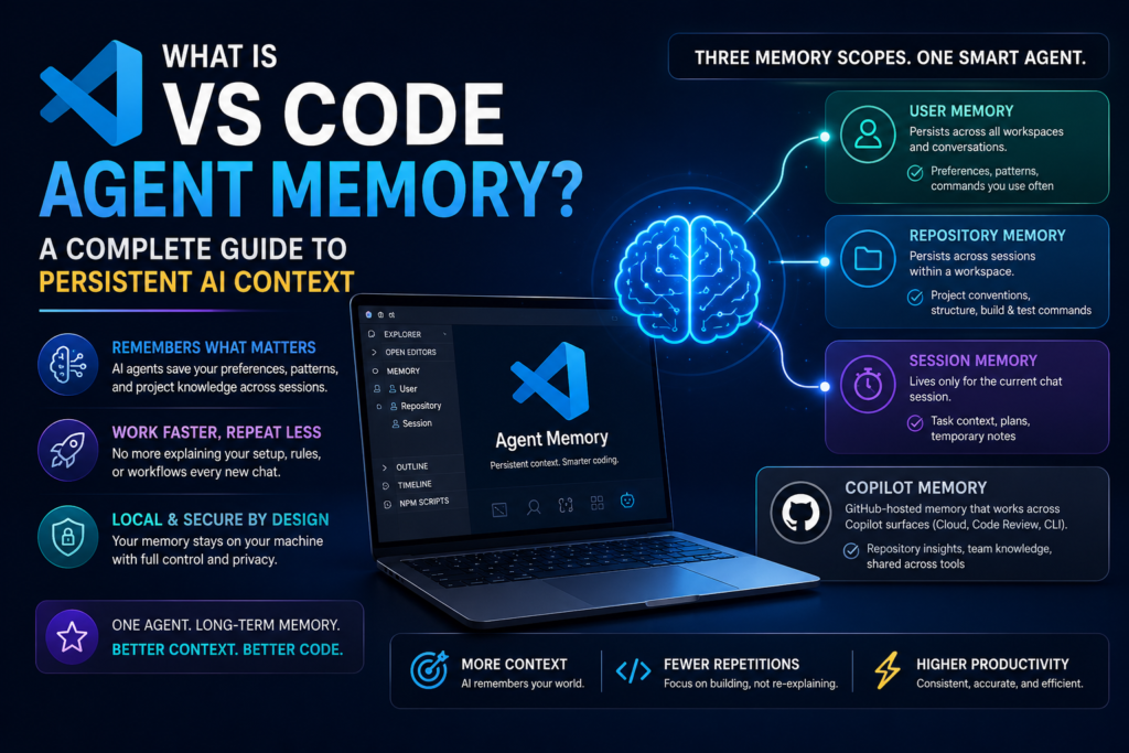 VS Code Agent Memory interface showing user, repository, and session memory for persistent AI coding context.