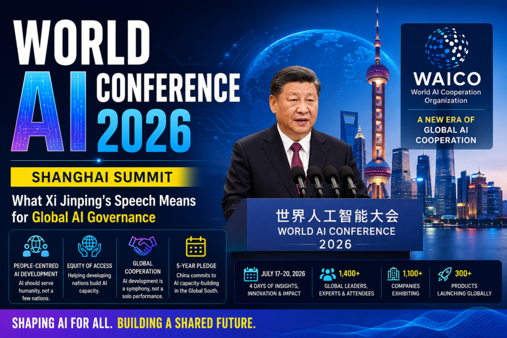 World AI Conference 2026 in Shanghai featuring Xi Jinping discussing WAICO and global AI governance initiatives.