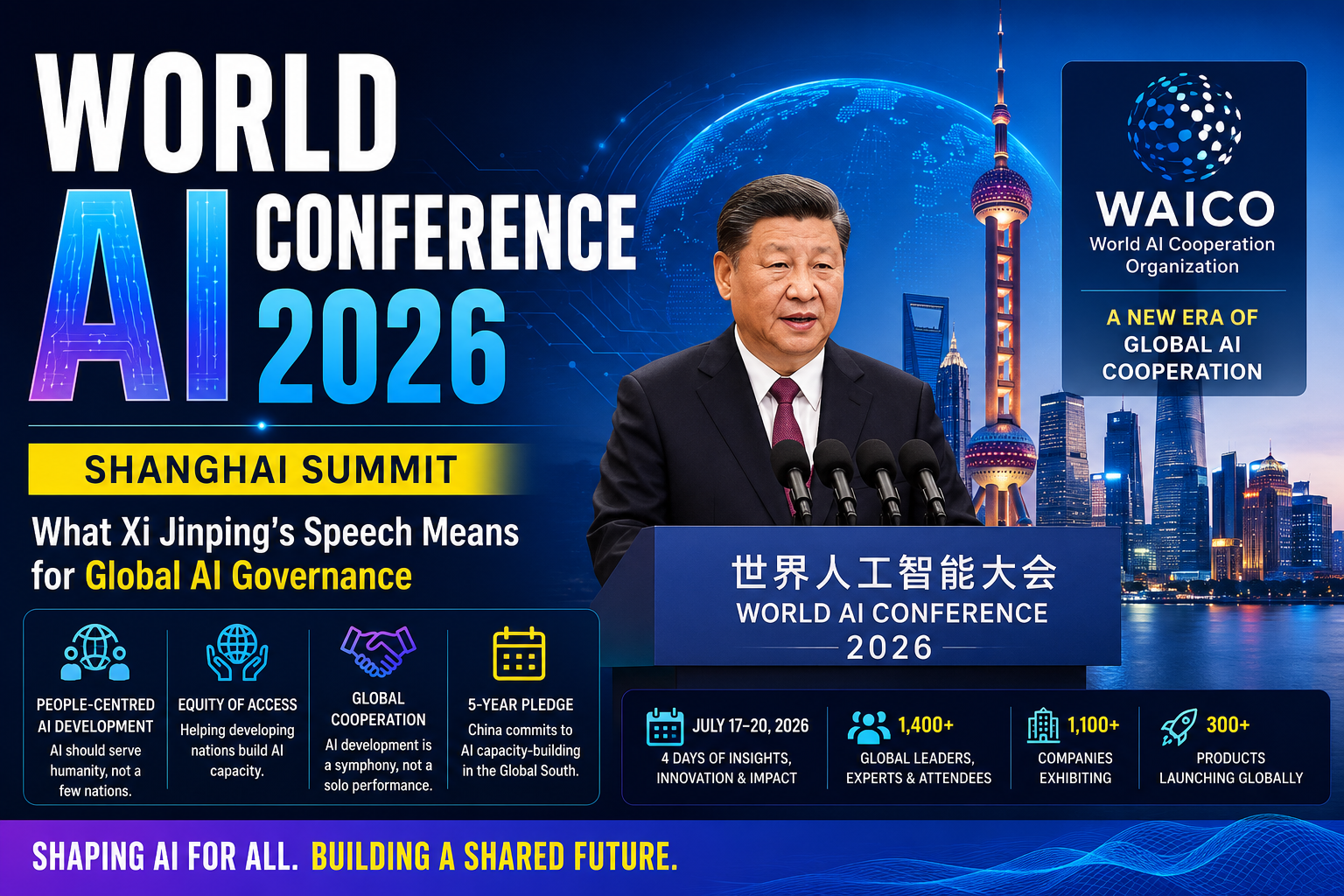 World AI Conference 2026 in Shanghai featuring Xi Jinping discussing WAICO and global AI governance initiatives.
