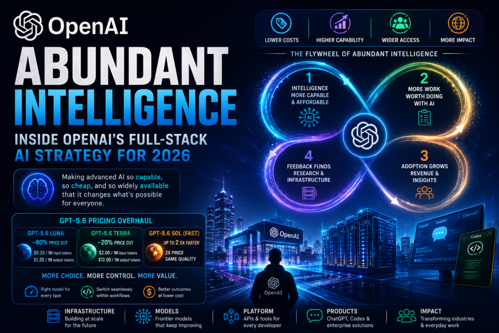 Illustration of OpenAI's abundant intelligence strategy showing AI infrastructure, GPT-5.6 models, and full-stack ecosystem.