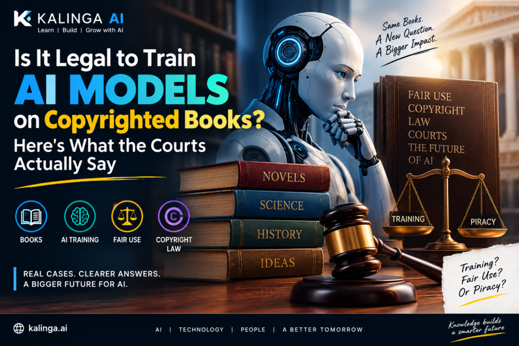 AI copyright law and copyrighted books shown with an AI model and legal documents