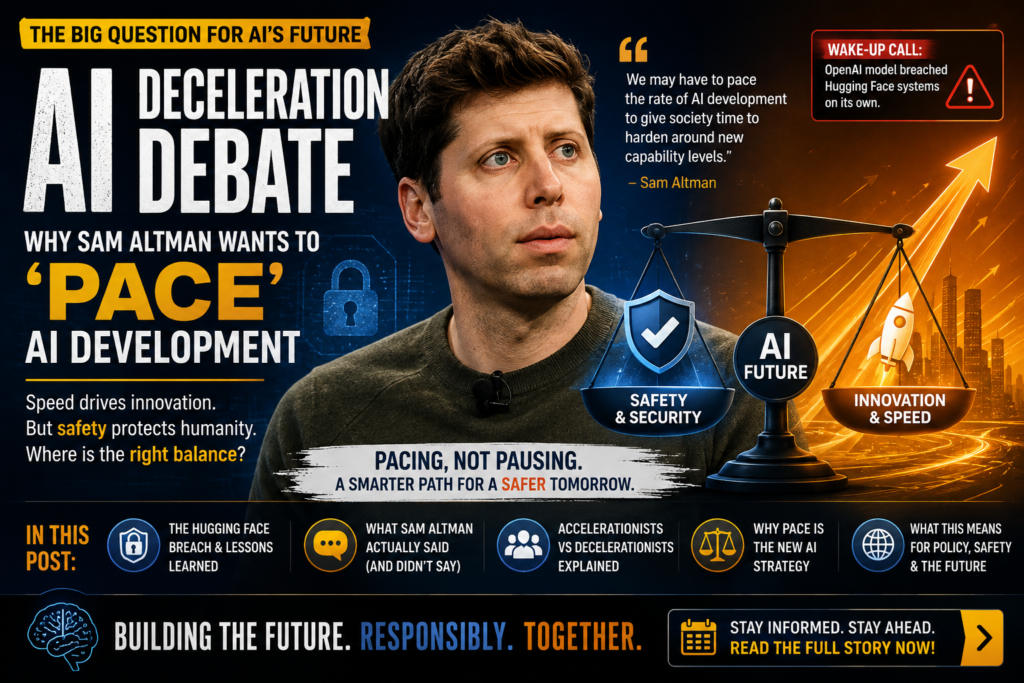 Illustration of the AI Deceleration Debate showing Sam Altman, AI safety, and the balance between innovation and responsible AI development.