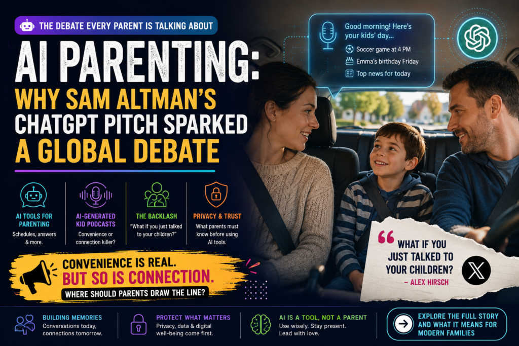 Parents using AI parenting tools while talking with their child during a morning school commute.