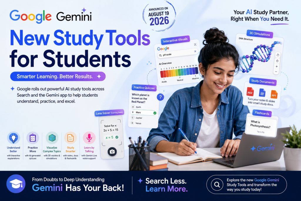 Google Gemini study tools helping students learn with AI quizzes and interactive visuals