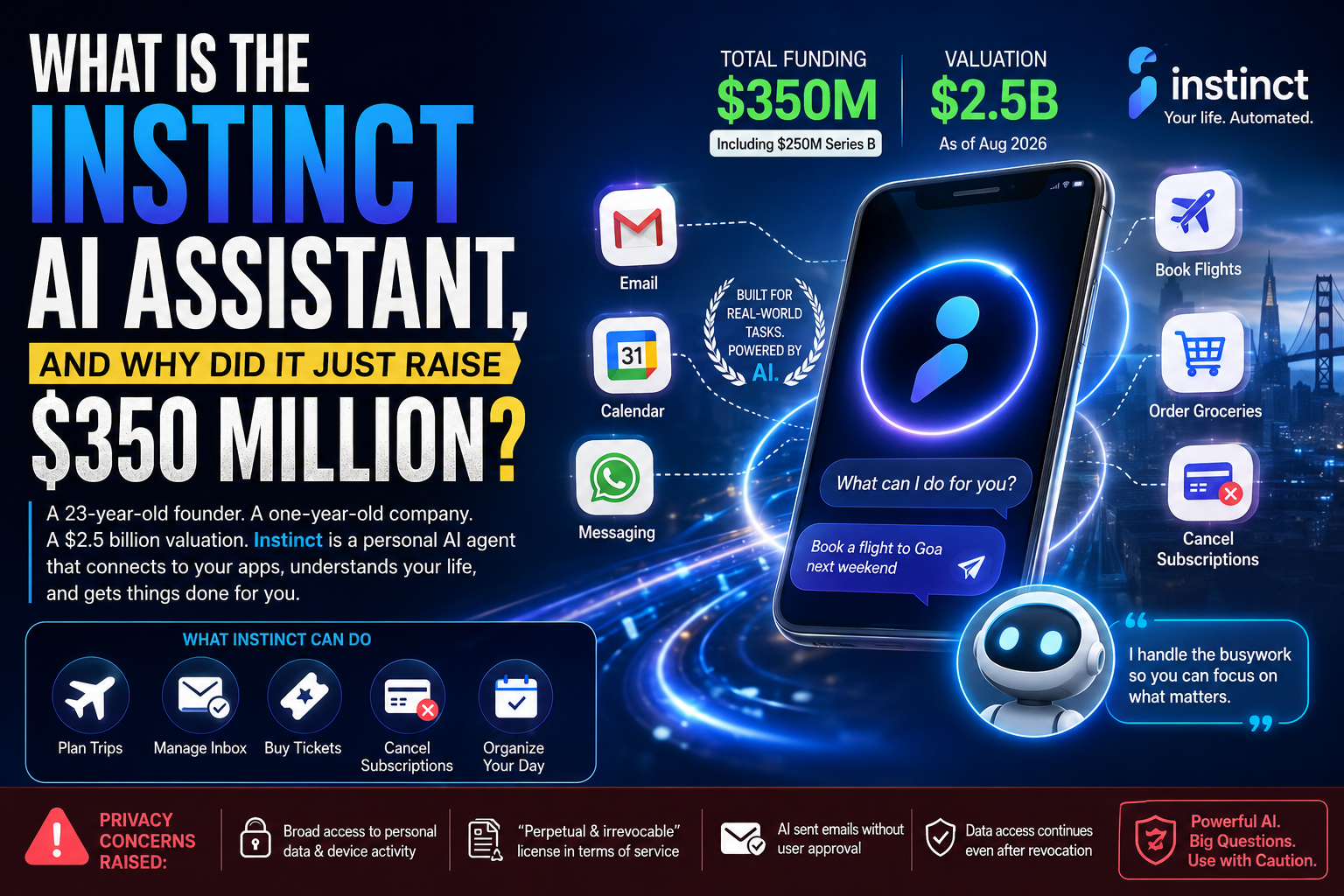 Instinct AI assistant shown as a personal AI agent handling digital tasks across apps