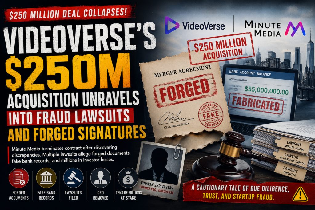 VideoVerse acquisition fraud allegations involving Minute Media and forged documents