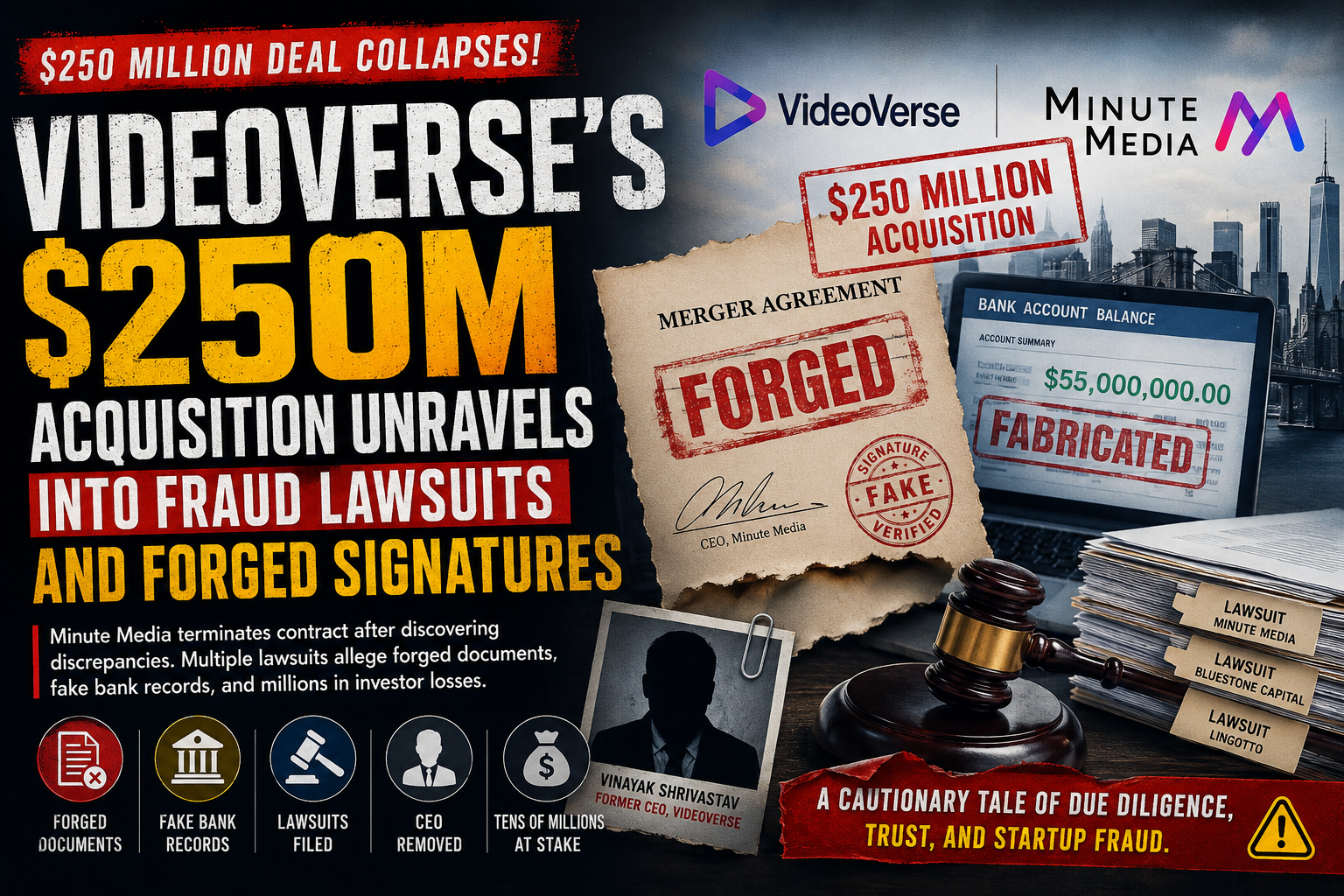 VideoVerse acquisition fraud allegations involving Minute Media and forged documents