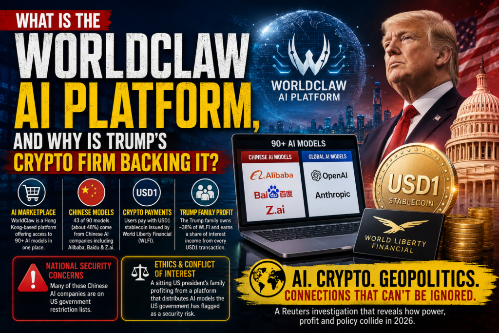 WorldClaw AI platform showing Chinese AI models and Trump crypto connection