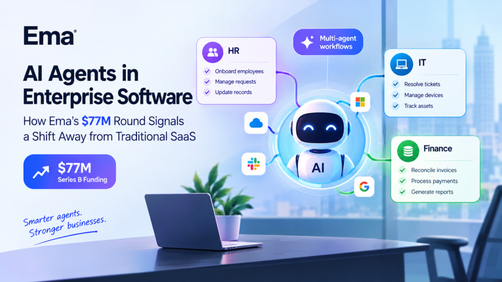AI agents in enterprise software automating business workflows across HR, IT, and finance applications.