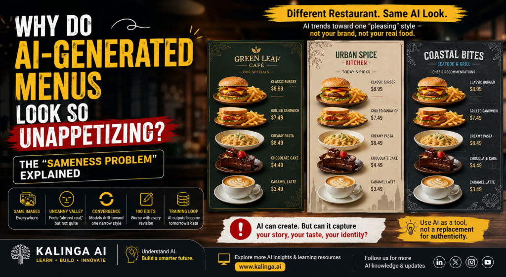 AI-generated menus showing identical glossy food images with an unnatural, overly perfect appearance