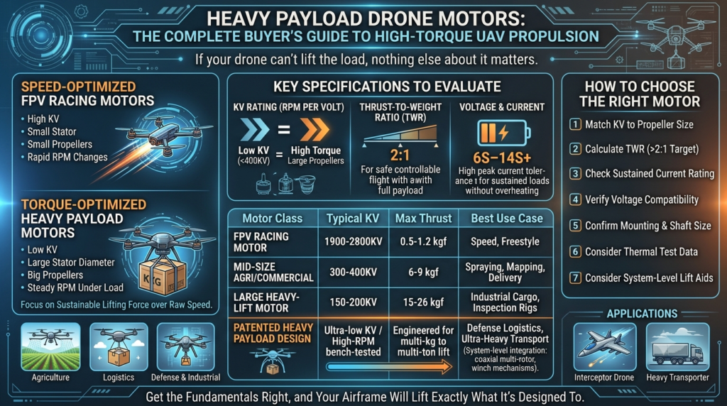 Heavy payload drone motors powering a high-lift UAV with large propellers