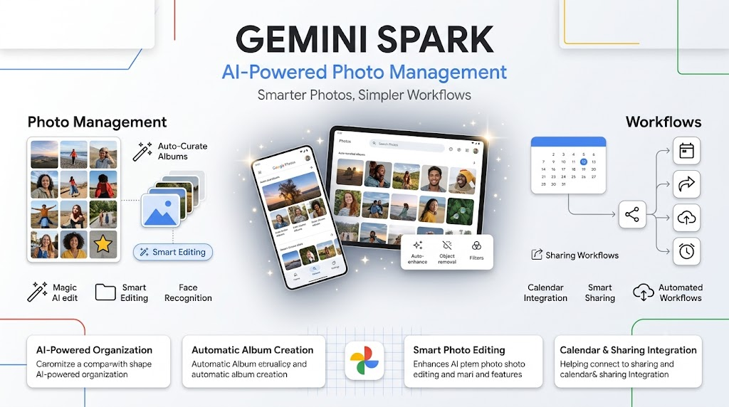 Gemini Spark manages Google Photos with AI-powered editing, album curation, sharing, and calendar workflows.