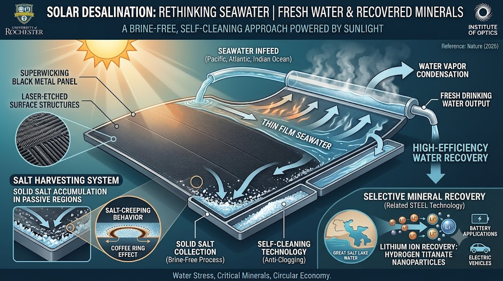 The image should depict a solar-powered desalination device using a dark, laser-engineered surface to draw in seawater and evaporate it using sunlight. It highlights the article’s central concept of producing fresh water while directing concentrated salts toward collection areas, with potential applications for sustainable water and mineral recovery.