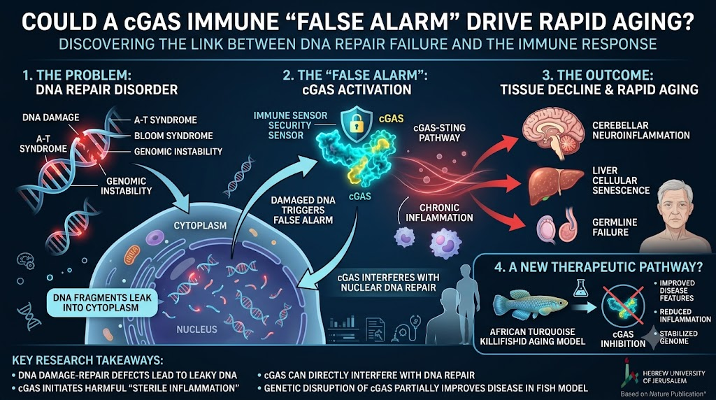 Rapid aging linked to cGAS and damaged DNA triggering an immune response