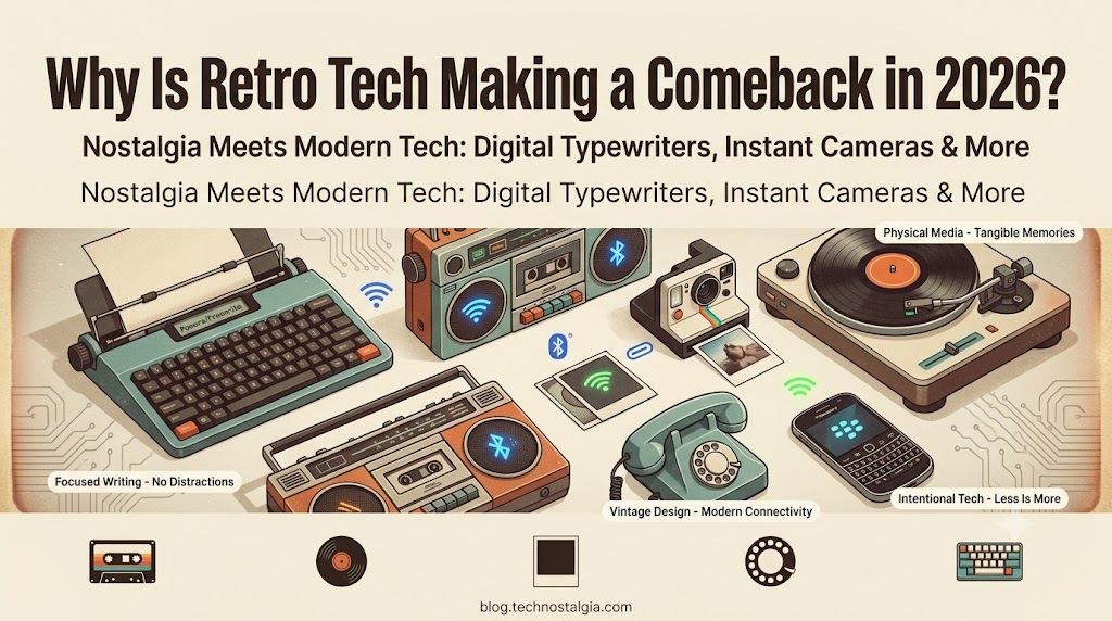 Retro tech gadgets including a cassette player, instant camera, typewriter, and landline phone.