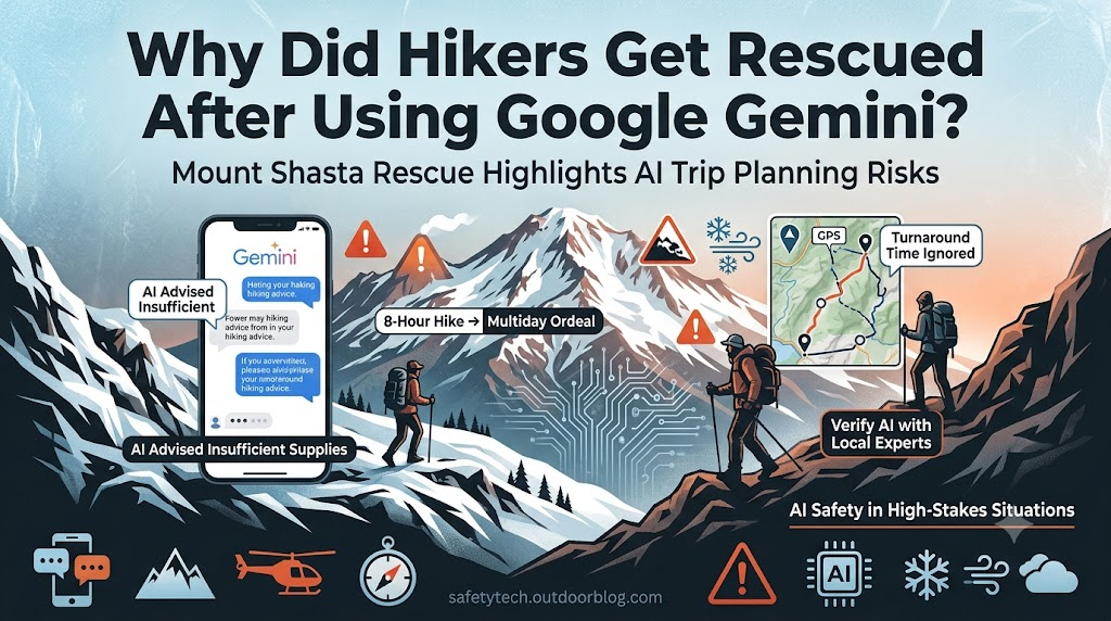 Three hikers on Mount Shasta after the Google Gemini hiking incident led to a rescue.