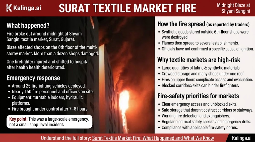 Surat textile market fire at Shyam Sangini market with firefighters battling flames