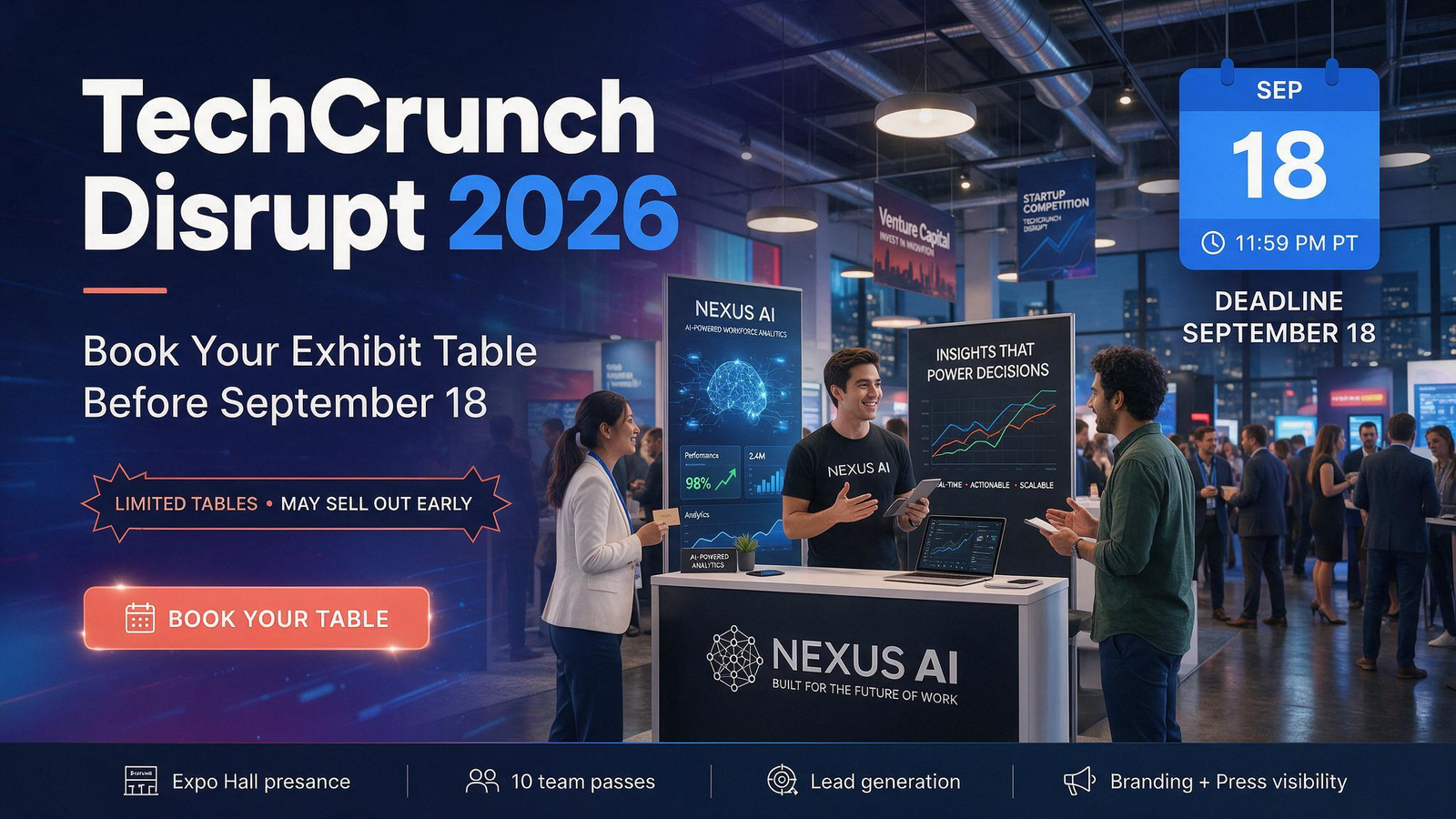 TechCrunch Disrupt 2026 exhibit table in the startup Expo Hall