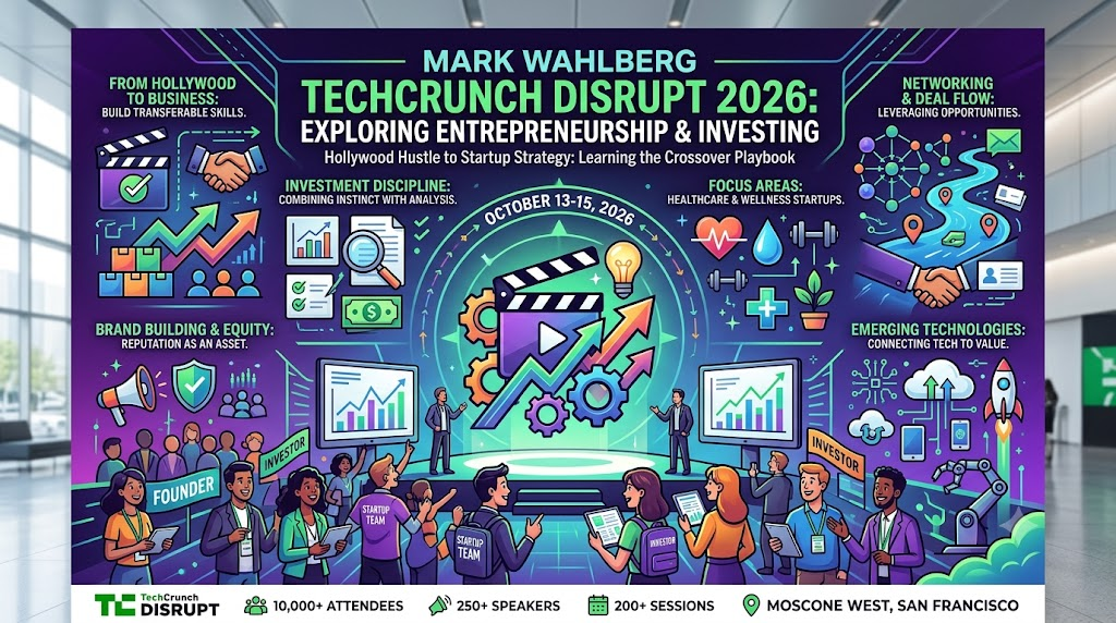 Mark Wahlberg TechCrunch Disrupt 2026 discussing entrepreneurship, investing, and business opportunities with founders.