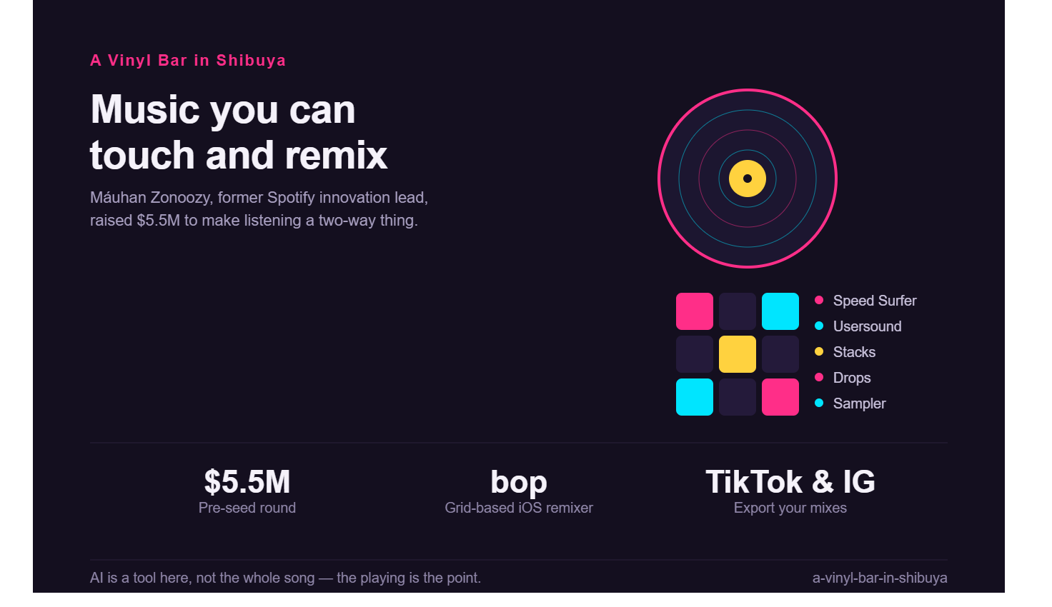 A Vinyl Bar in Shibuya creates interactive music apps with remixing, sound effects, and AI features