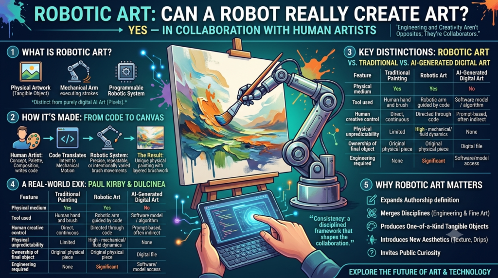 Robotic art showing a robotic arm creating a colorful painting on canvas alongside a human artist