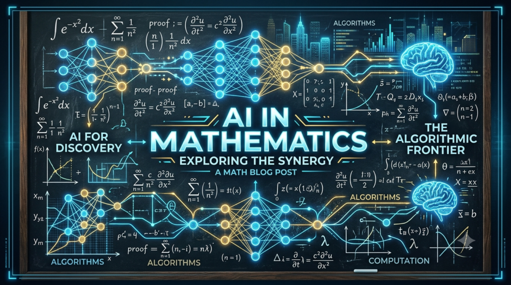 AI in mathematics conceptual illustration showing digital neural networks overlapping complex handwritten mathematical equations.