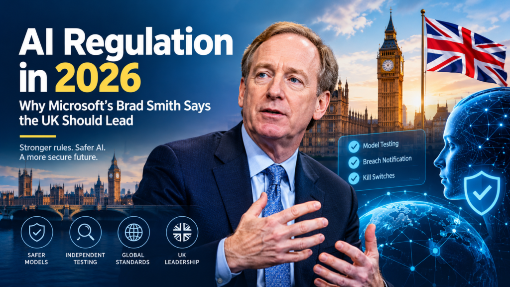 AI regulation in 2026 featuring Microsoft's Brad Smith and the UK's leadership in AI safety testing and global regulation.