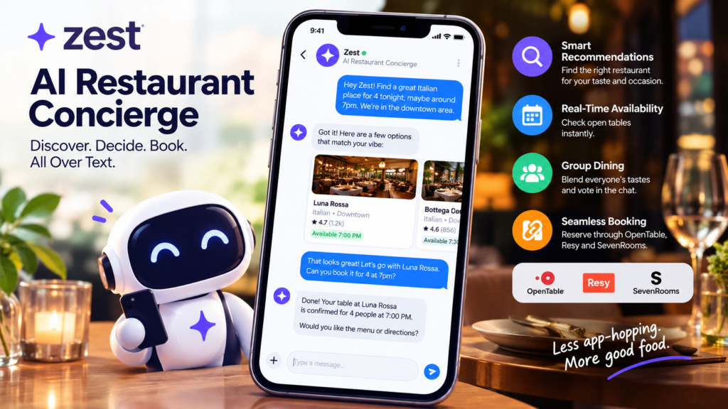AI restaurant concierge Zest helping users discover restaurants and book tables through text messages.