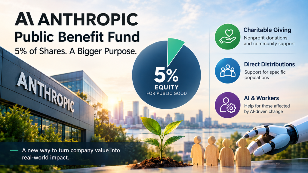 Anthropic Public Benefit Fund committing 5% of company shares to public-interest initiatives and AI worker support.