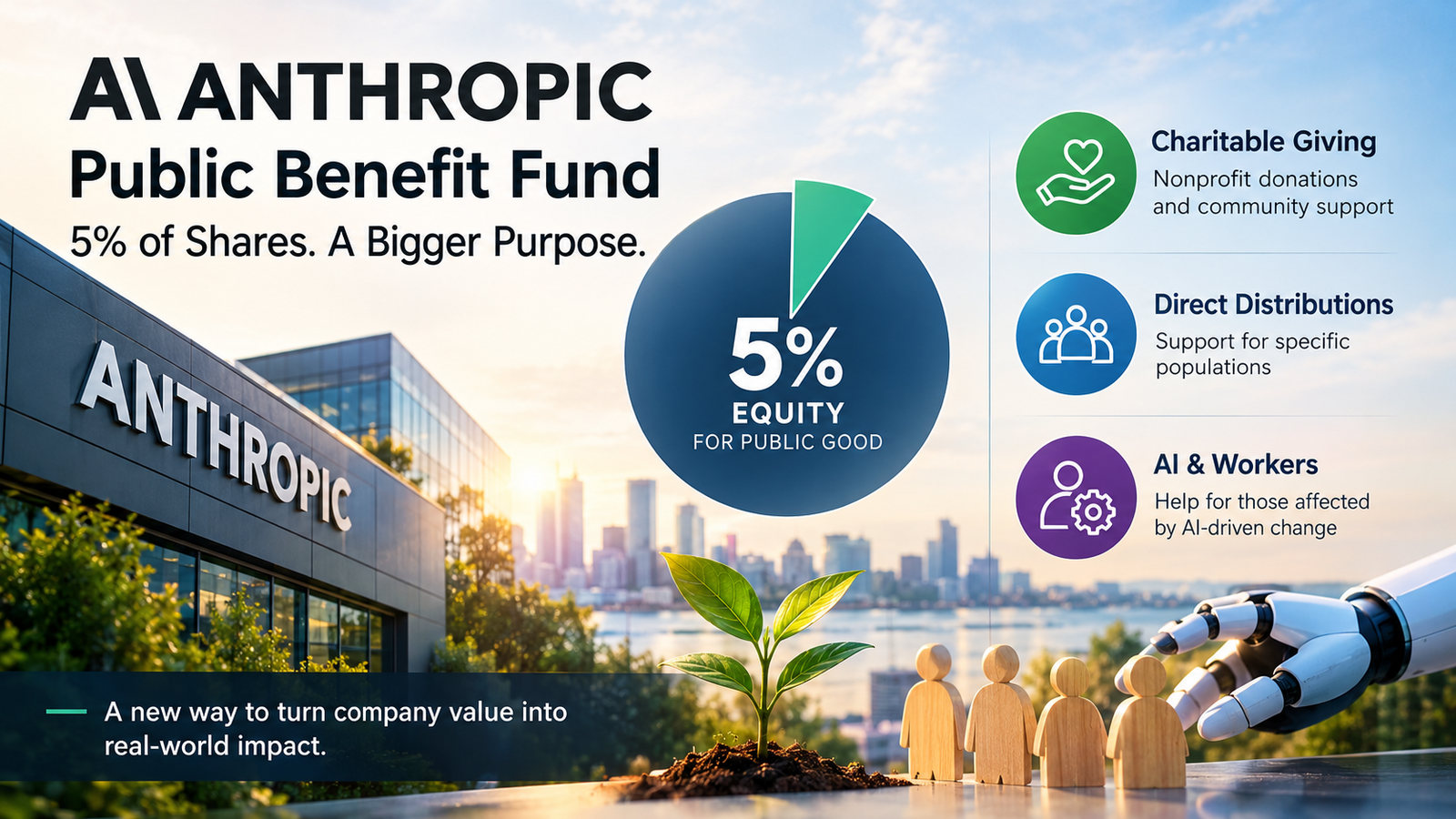 Anthropic Public Benefit Fund committing 5% of company shares to public-interest initiatives and AI worker support.