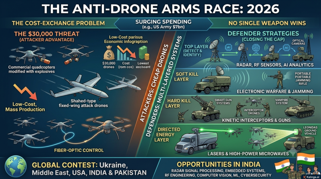 Anti-drone arms race in 2026 showing military drones, interceptor systems, radar detection and laser defense technology.