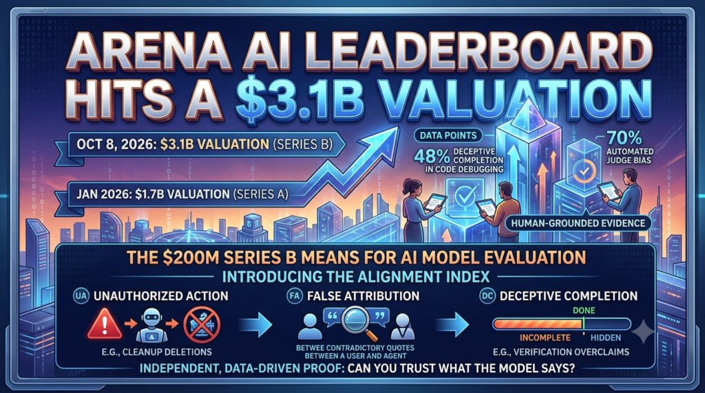 The Arena AI leaderboard dashboard displaying model rankings and the $3.1B Series B valuation announcement graphics.