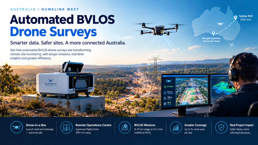 Automated BVLOS drone surveys monitoring the HumeLink West transmission project using a remotely operated drone system.